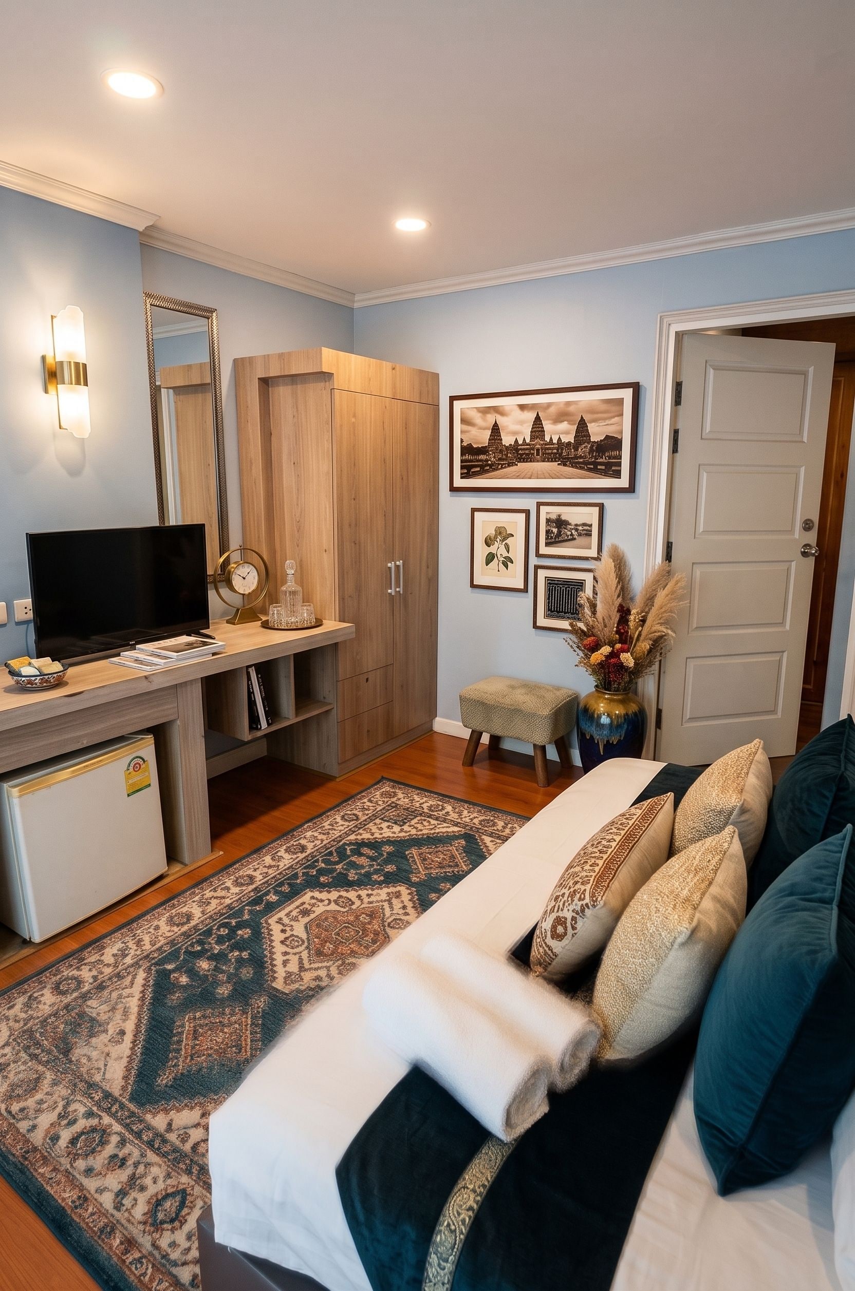Un dormitorio con cama, escritorio, televisor, armario y puerta.