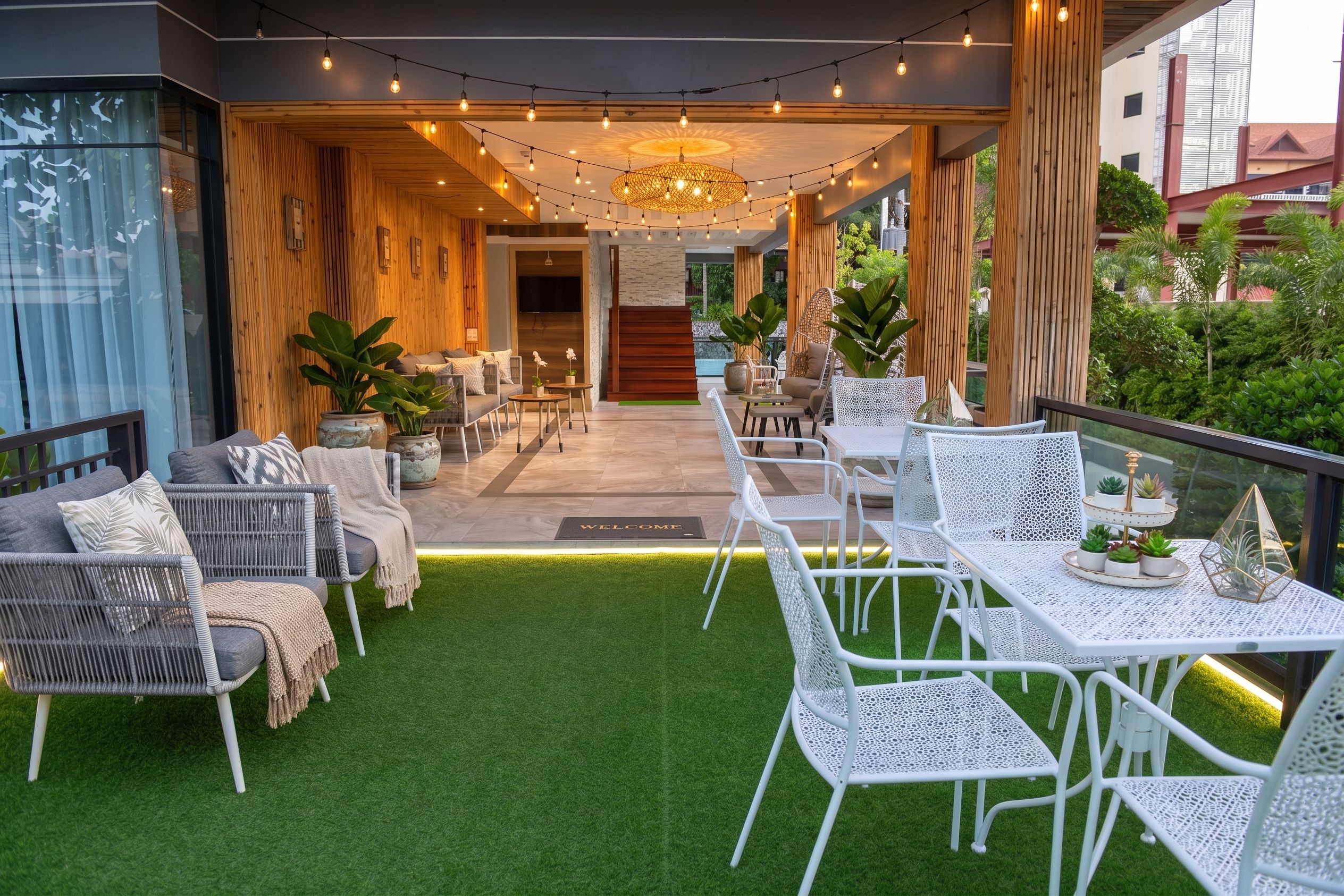 Een terras met rieten meubels, een centrale tafel met potplanten en een uitnodigende 'WELCOME' welkomstmat.