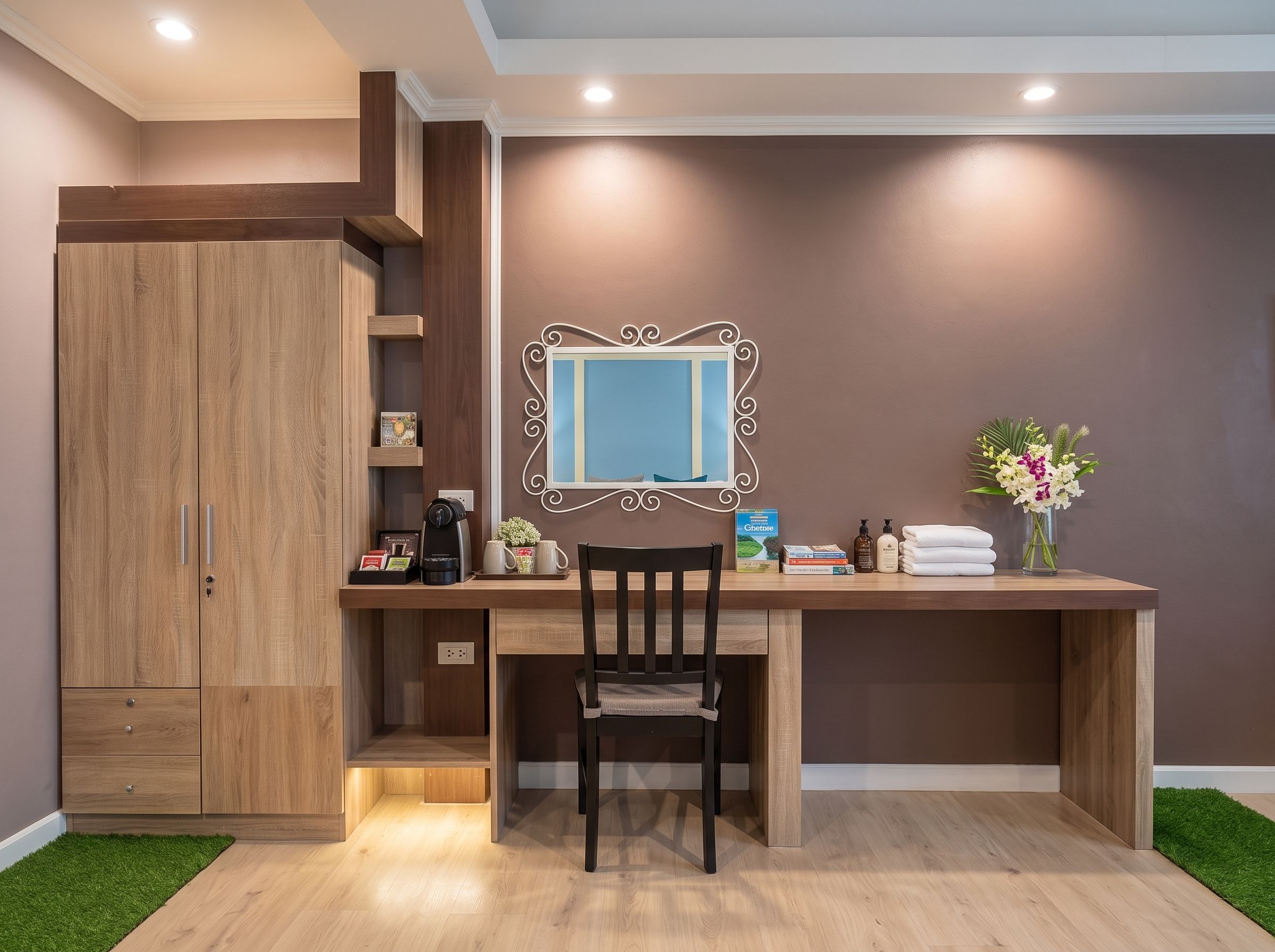 A room with a wooden desk, a chair, a wardrobe, a mirror, and a small table with toiletries.