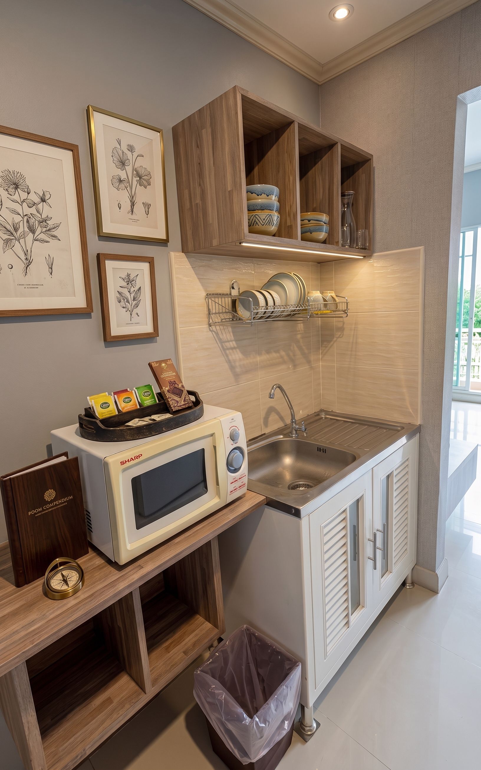 Una cocina compacta con microondas integrado, un lavamanos y armarios de madera.
