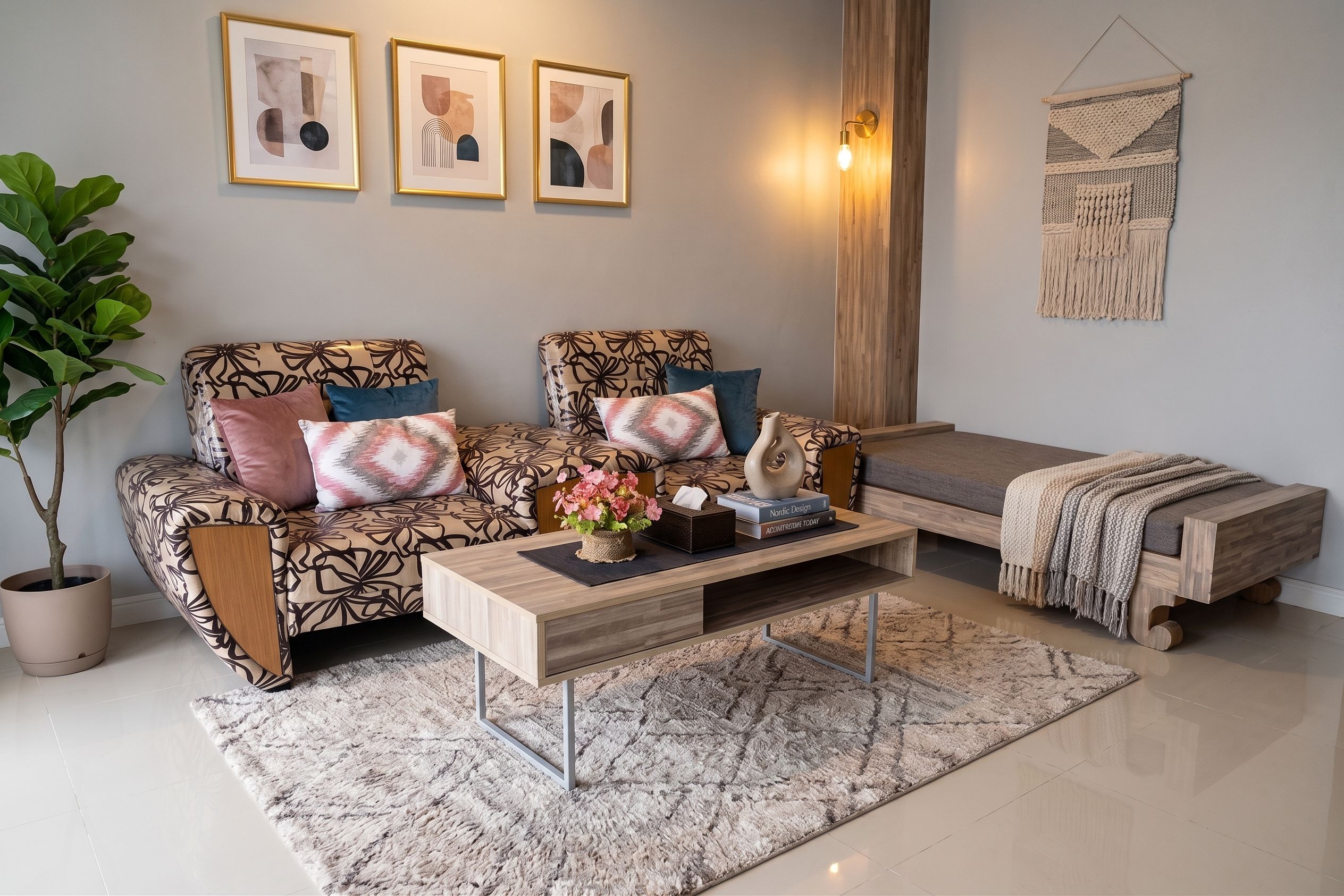 A modern living room with a sofa, coffee table, and a potted plant.