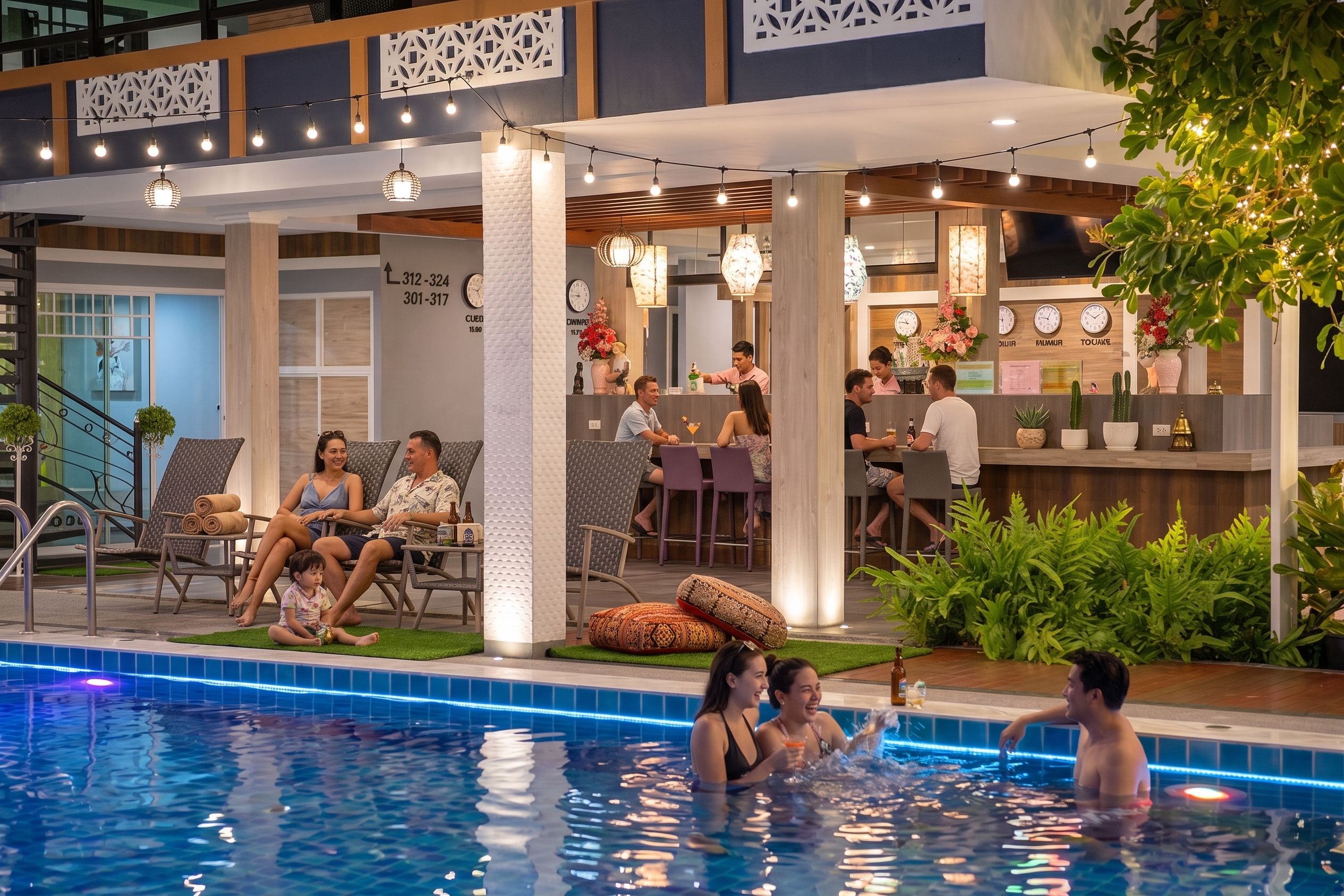 A hotel pool area with seating, a bar, and a reception desk.