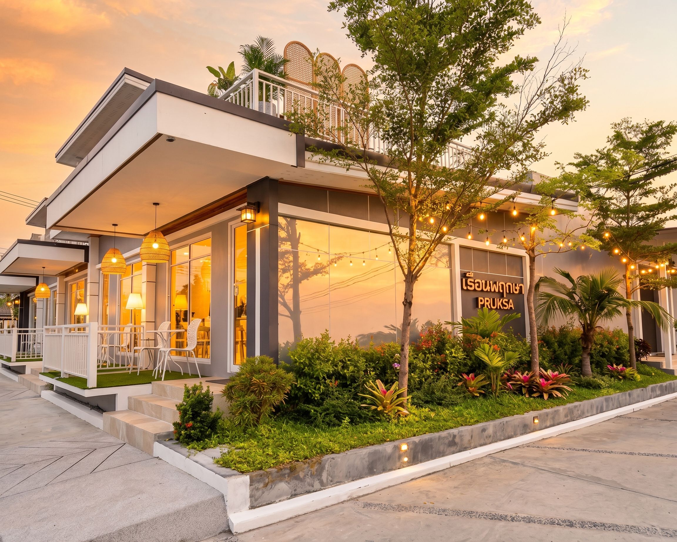 A modern hotel with a balcony, outdoor seating, and a well-maintained garden.