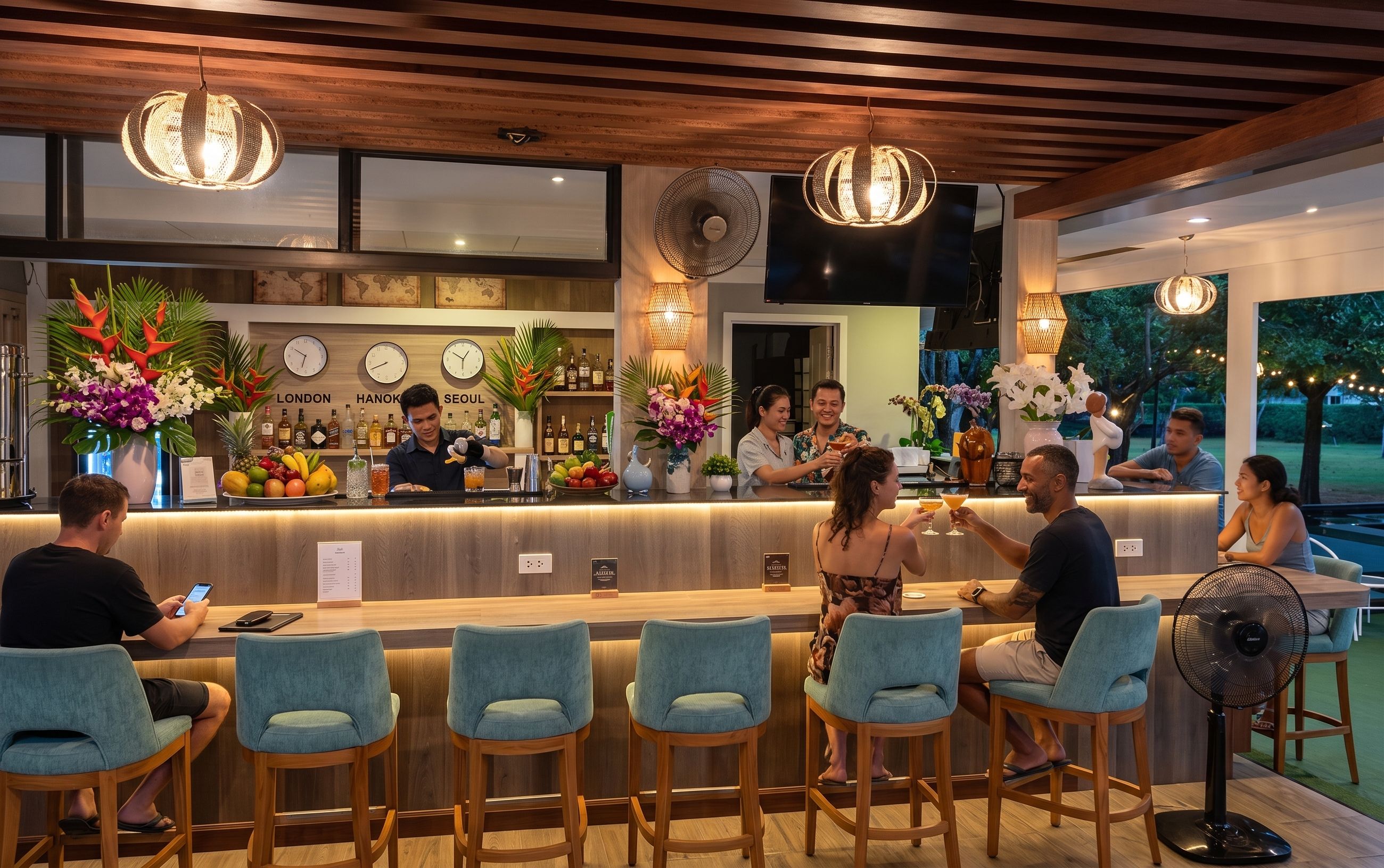 A bar area with wooden bar stools, a counter with a bartender, and a large screen above the bar.