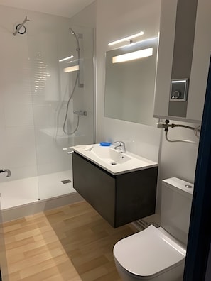 Een moderne badkamer met een douchecabine van glas, een witte wastafel met donker kastje en een wit toilet.