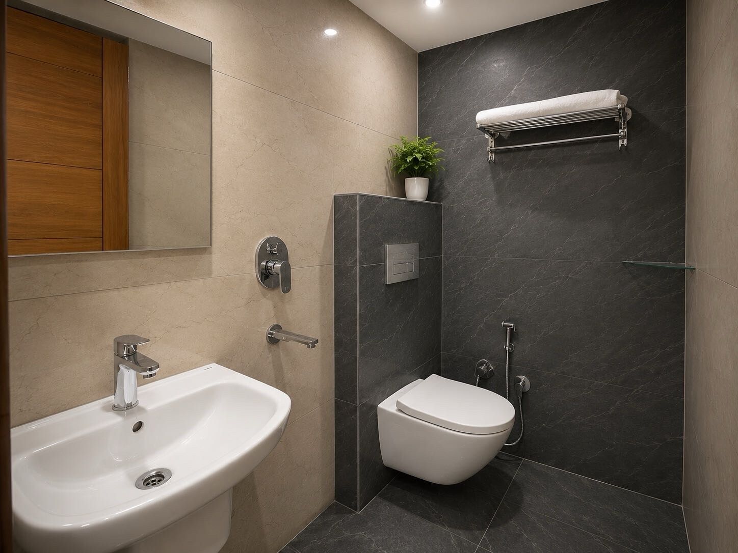 Un baño moderno con lavamanos, inodoro y ducha.