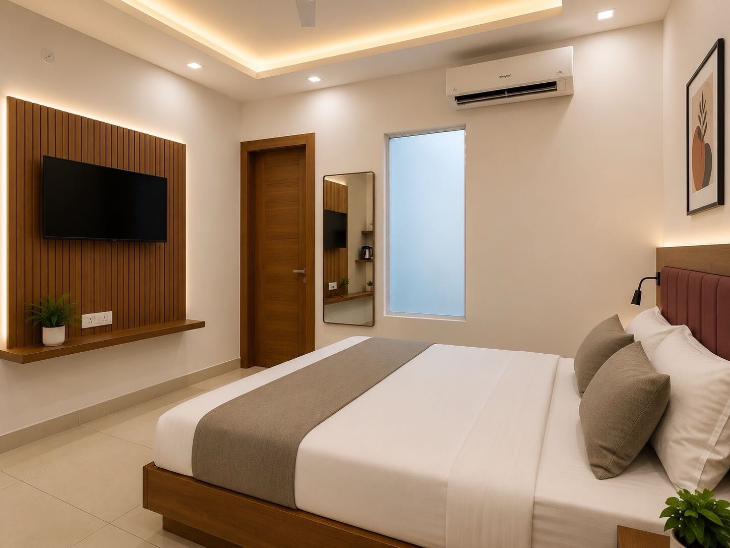 A modern bedroom with a bed, a TV mounted on a wooden panel, a window, and an air conditioning unit.
