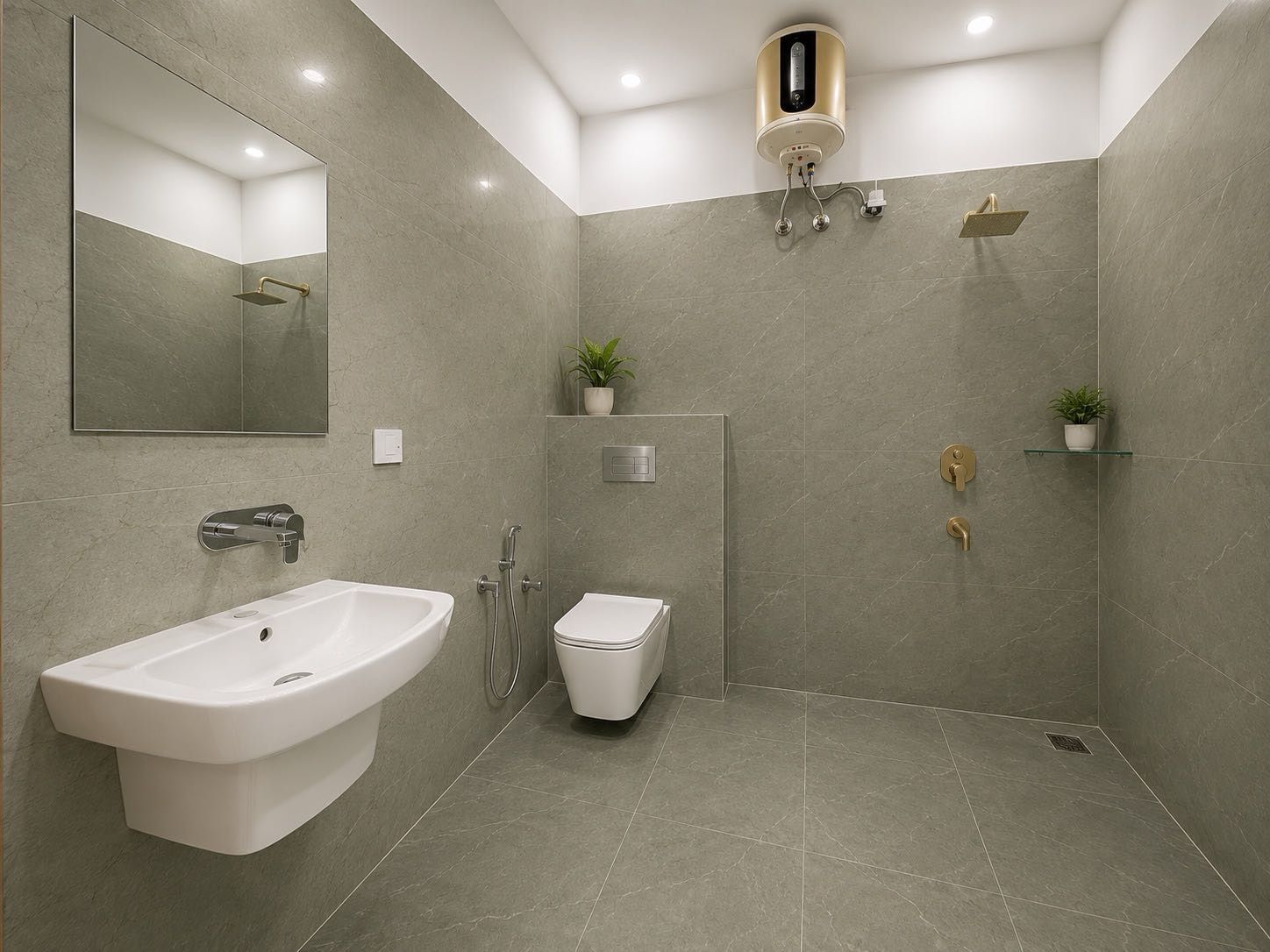 Ein modernes Badezimmer mit einer freistehenden Badewanne, einer Toilette, einer Duschkabine und einem Spiegel.