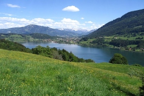A lake surrounded by green hills and mountains. - Organic farm with 2 bedrooms (Missen-Wilhams)