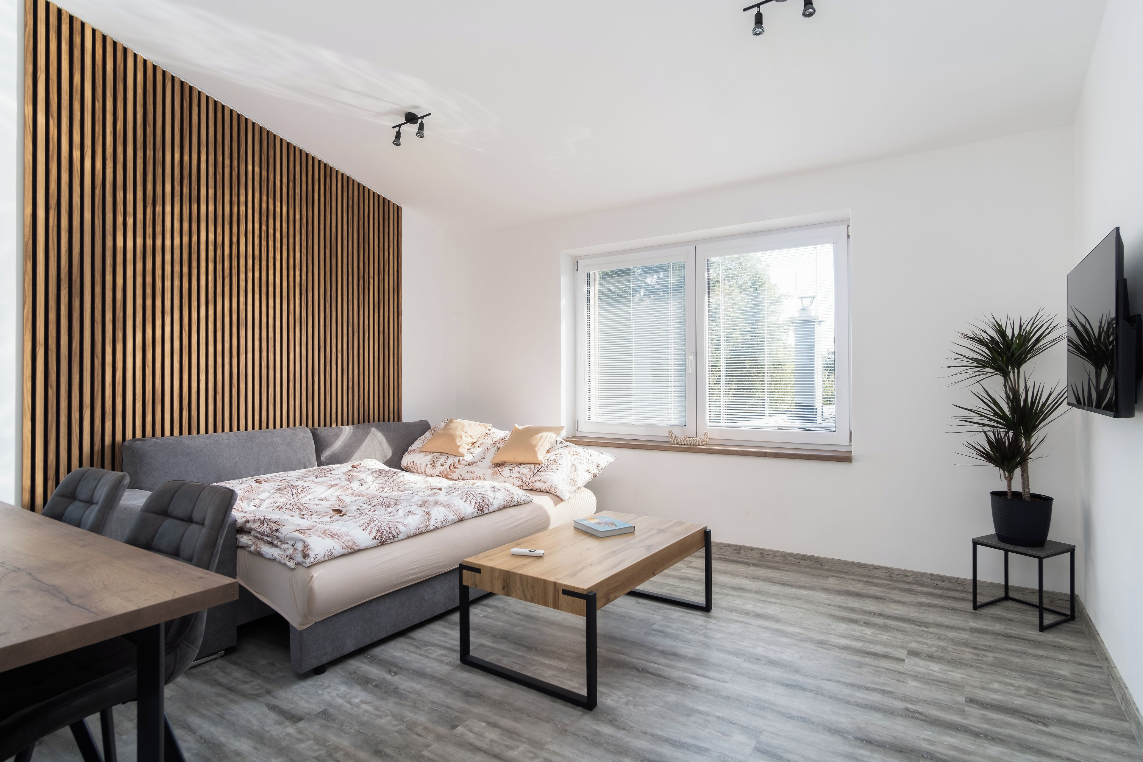Une chambre moderne avec un lit, un mur lambrissé en bois, une fenêtre avec des stores, un téléviseur fixé au mur et une plante en pot.