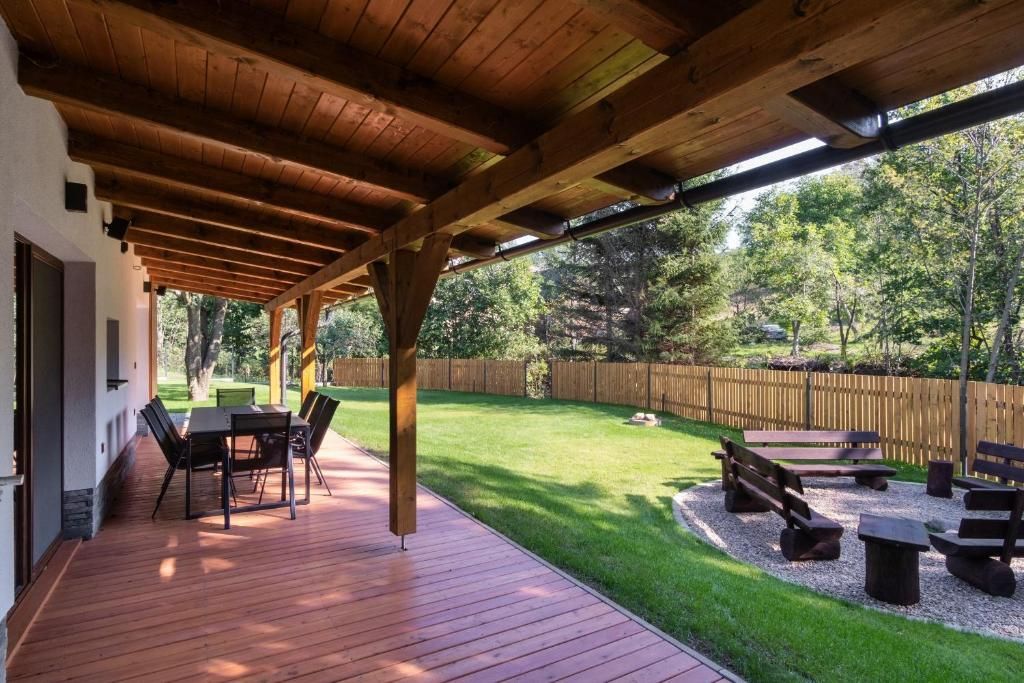 A covered patio with a wooden deck, outdoor seating, and a view of a backyard with a wooden fence and trees.