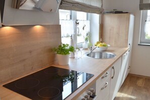 Eine moderne Küche mit integriertem Induktionskochfeld, einer Spüle und einem Fenster mit Blick.