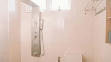 Une salle de bain avec une douche, des toilettes et une fenêtre.