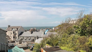 A coastal town with buildings, a flag, and a view of the sea.