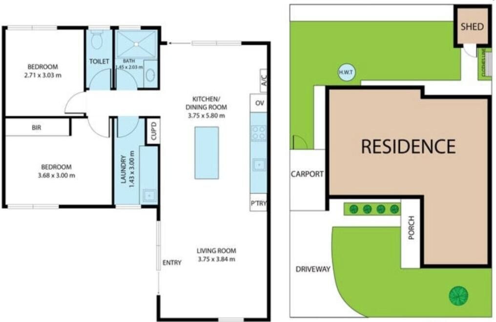 Un plan d’étage d’une maison comprenant une cuisine/salle à manger, deux chambres, un salon et un abri pour voiture.