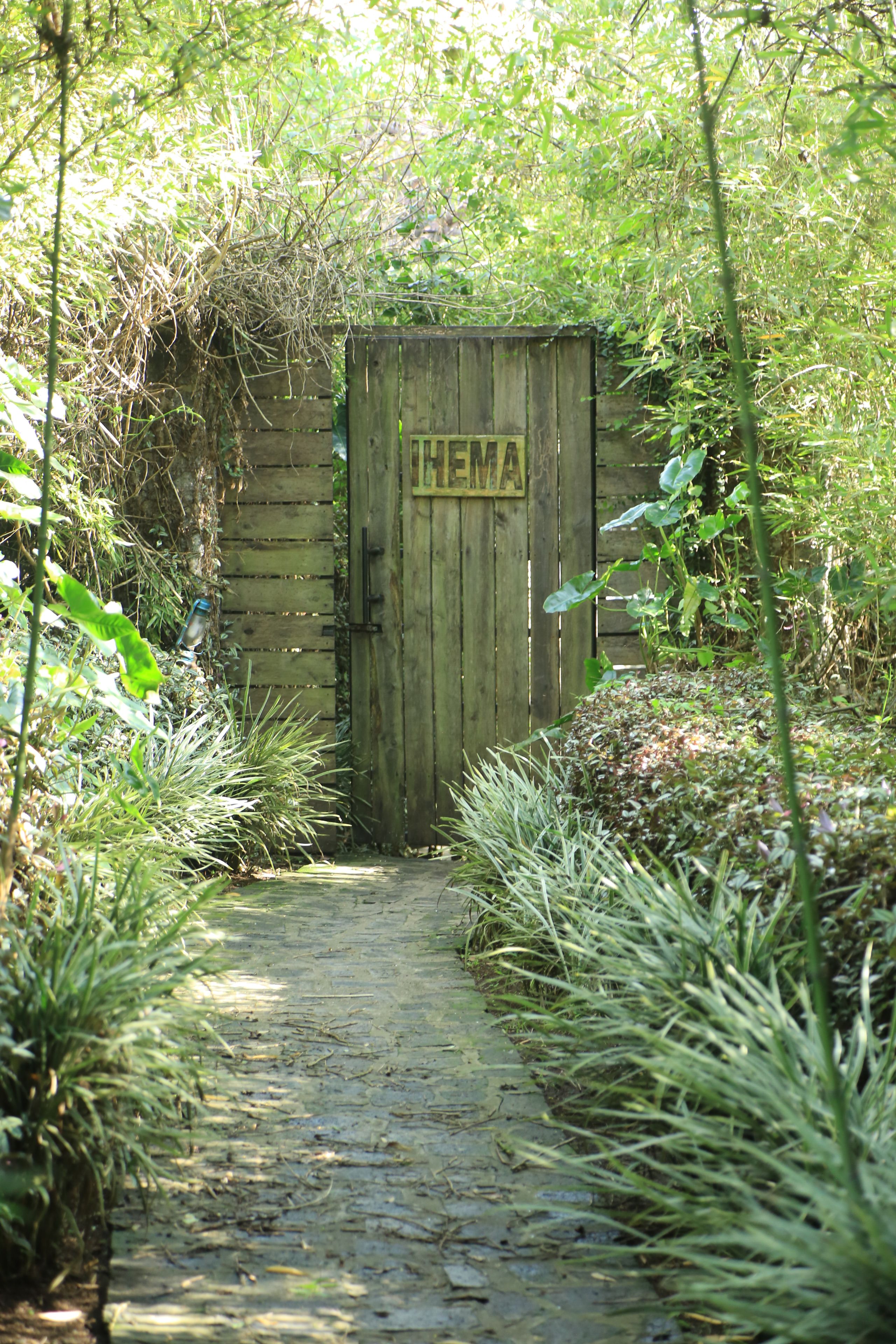 En træport med ordet 'THEMA' på, der fører ind i et naturområde med frodig vegetation.