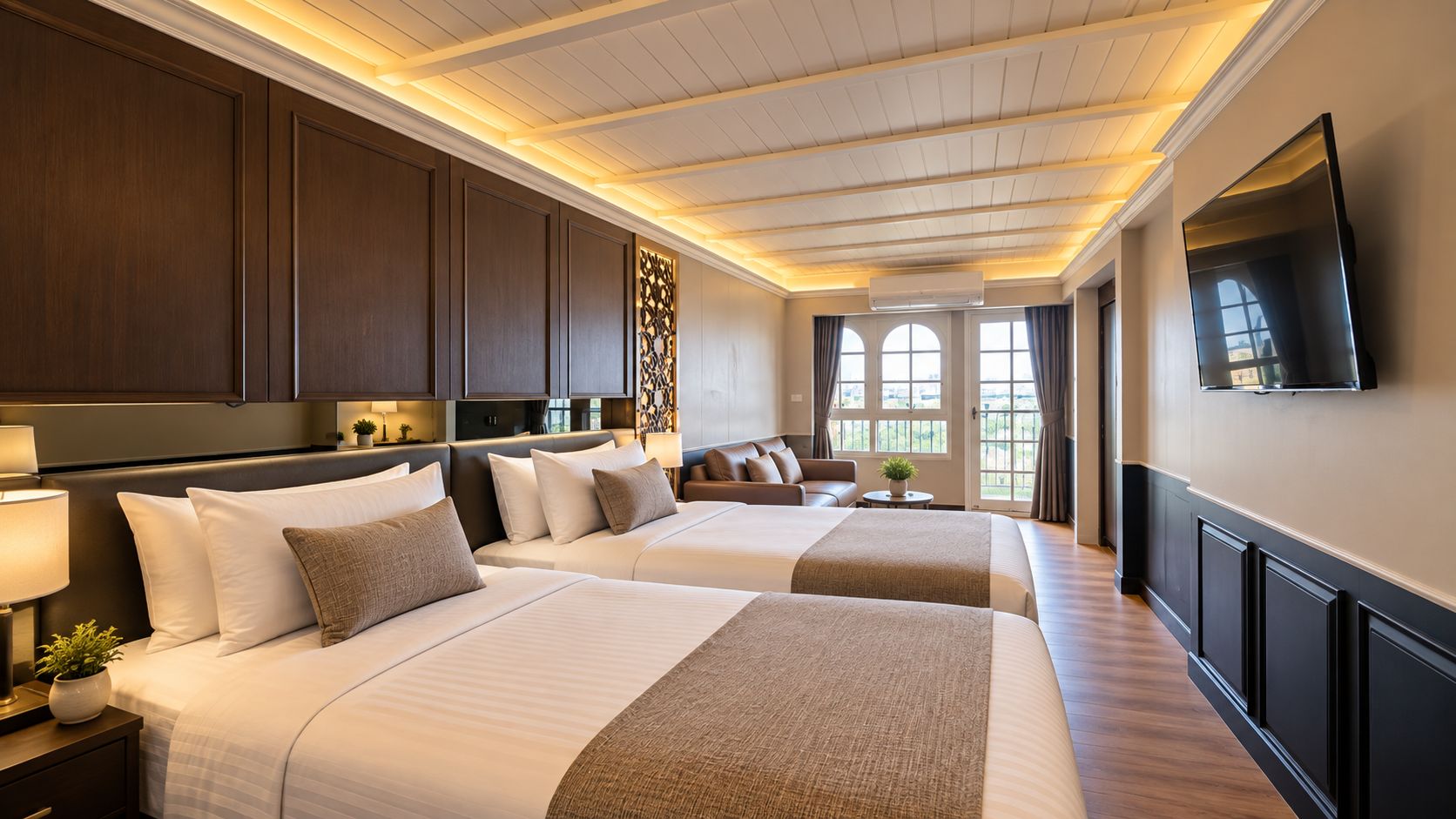 A hotel room with two beds, a TV, and a view of the outdoors.