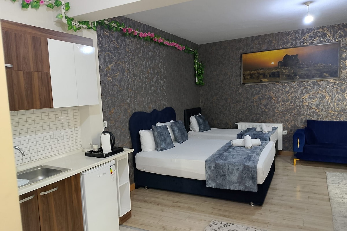 A compact hotel room with a kitchenette, a bed with a grey duvet, a blue sofa, and a painting on the wall.