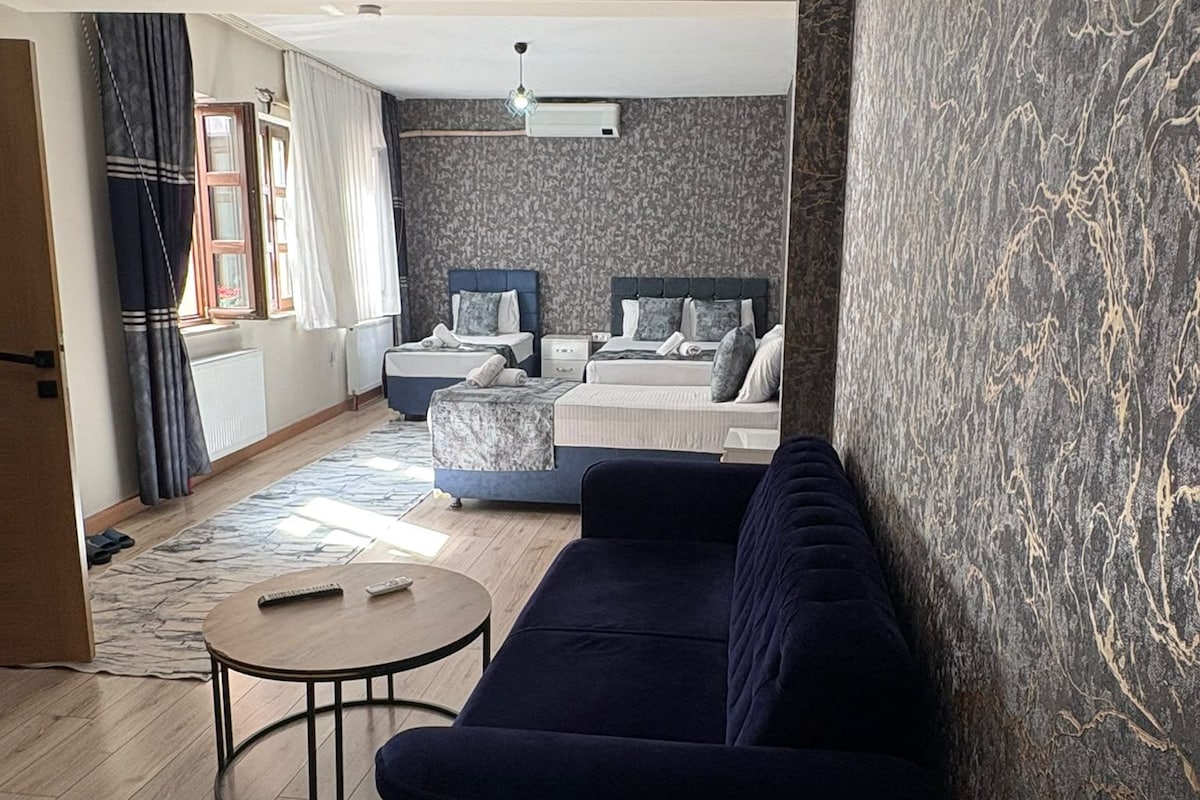 Una sala moderna con un sofá, una mesa de centro y una cama con cabecera.