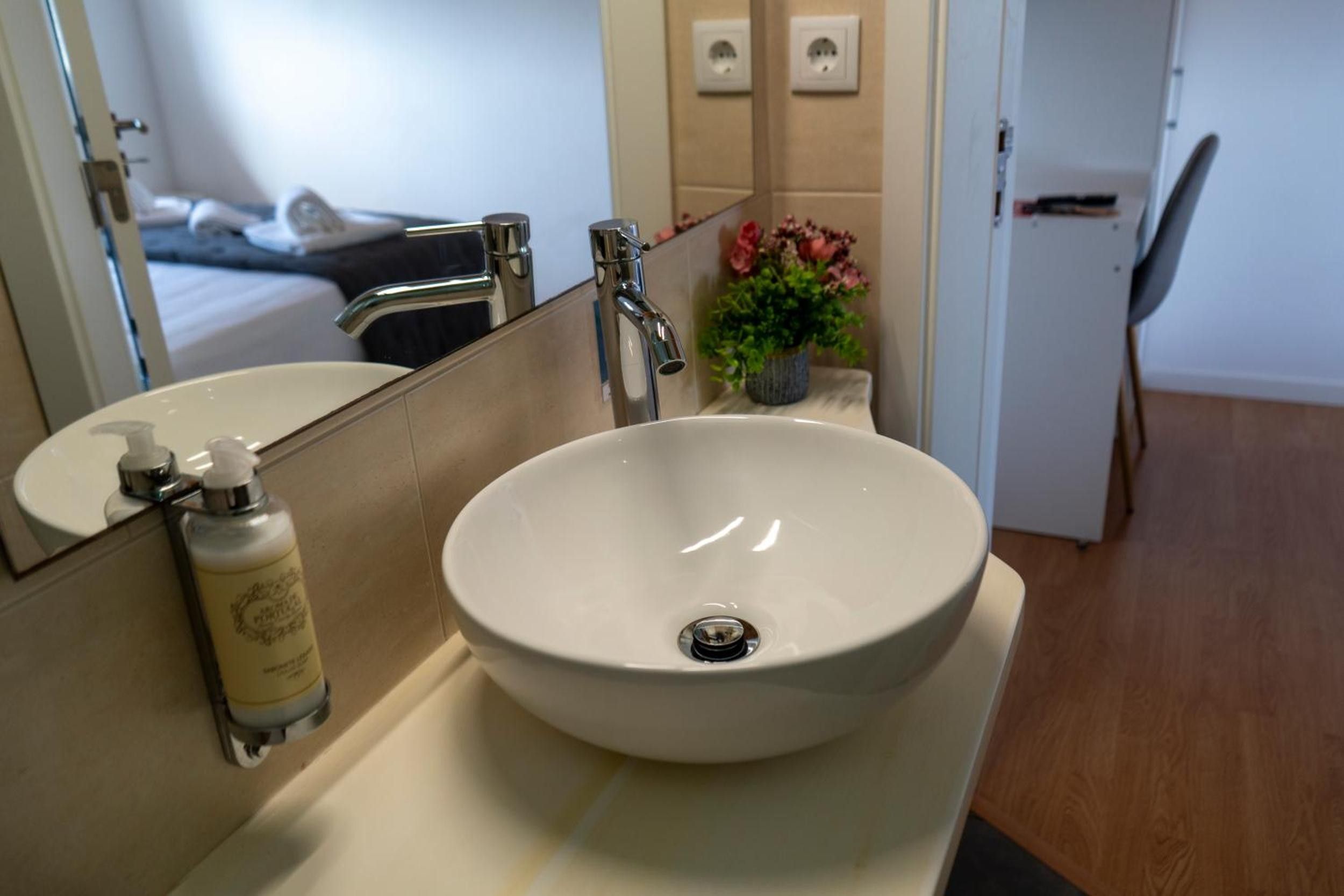A bathroom with a white sink, a mirror, a handheld soap dispenser, and a small potted plant.