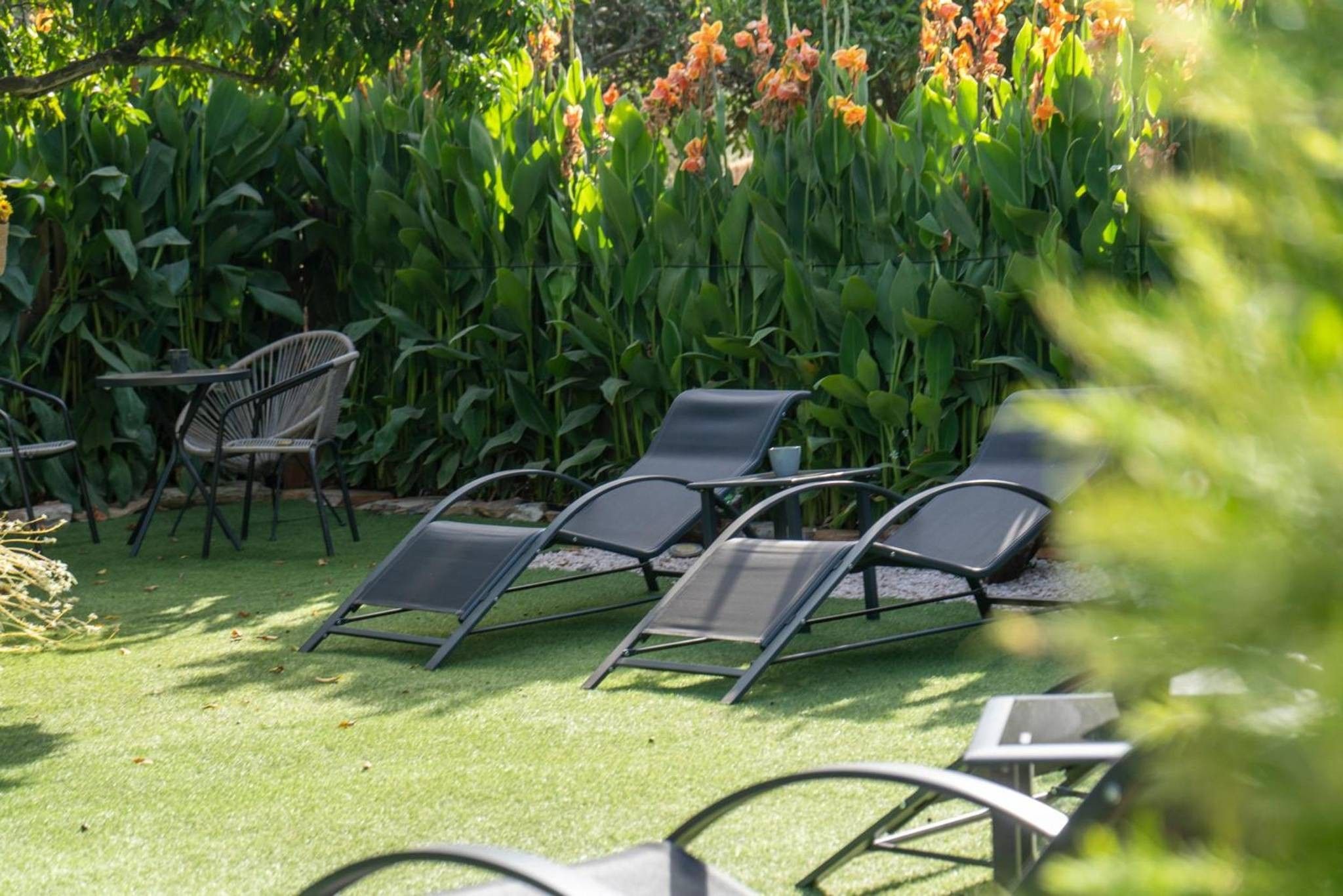 Espace extérieur aménagé avec des chaises et une table, entouré d’une végétation luxuriante et de plantes en fleurs.