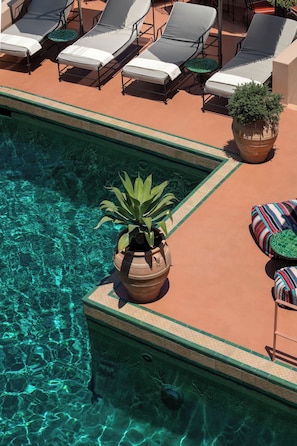 Un área junto a la piscina con sillones de descanso, una planta en maceta y un suelo de baldosas.