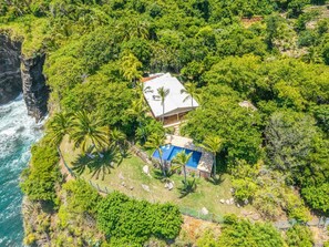 Eine Vogelperspektive zeigt ein Haus, umgeben von üppiger Vegetation und einer Klippe.