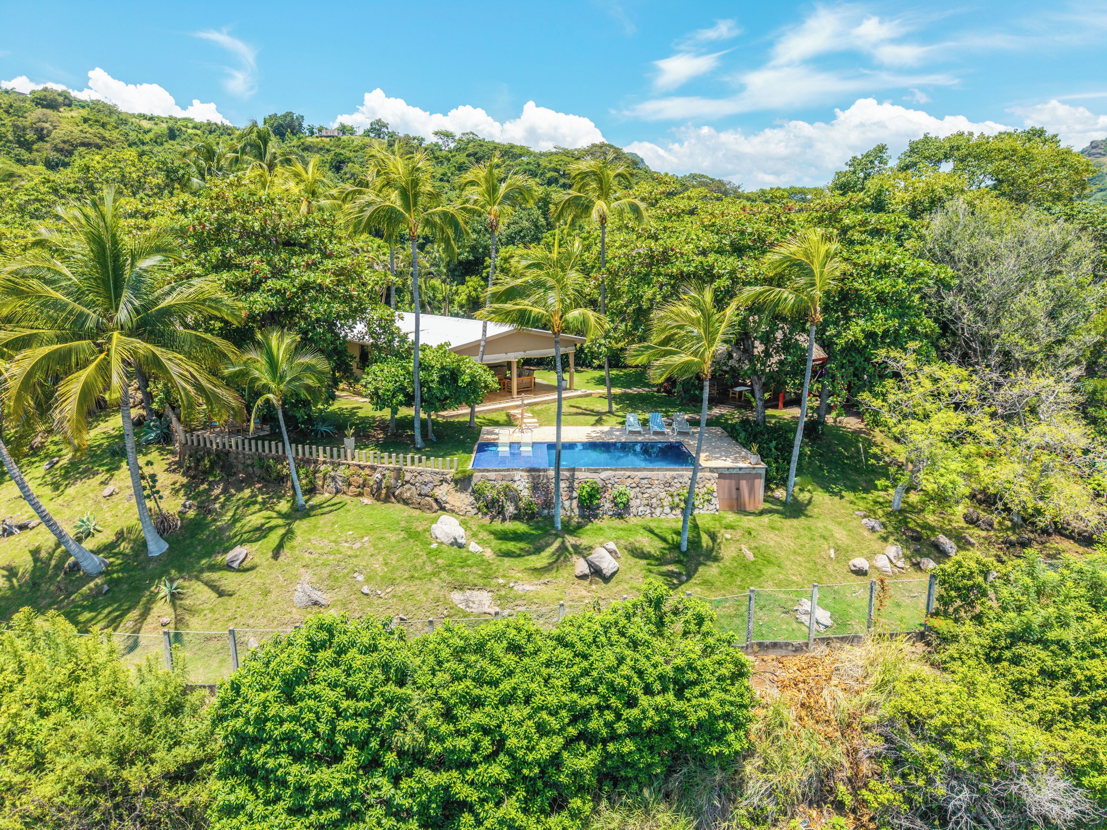 Propiedad residencial con piscina, rodeada de exuberante vegetación y palmeras.