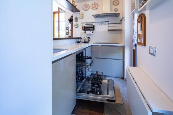 A compact kitchen with a dishwasher, a sink, and a stove.
