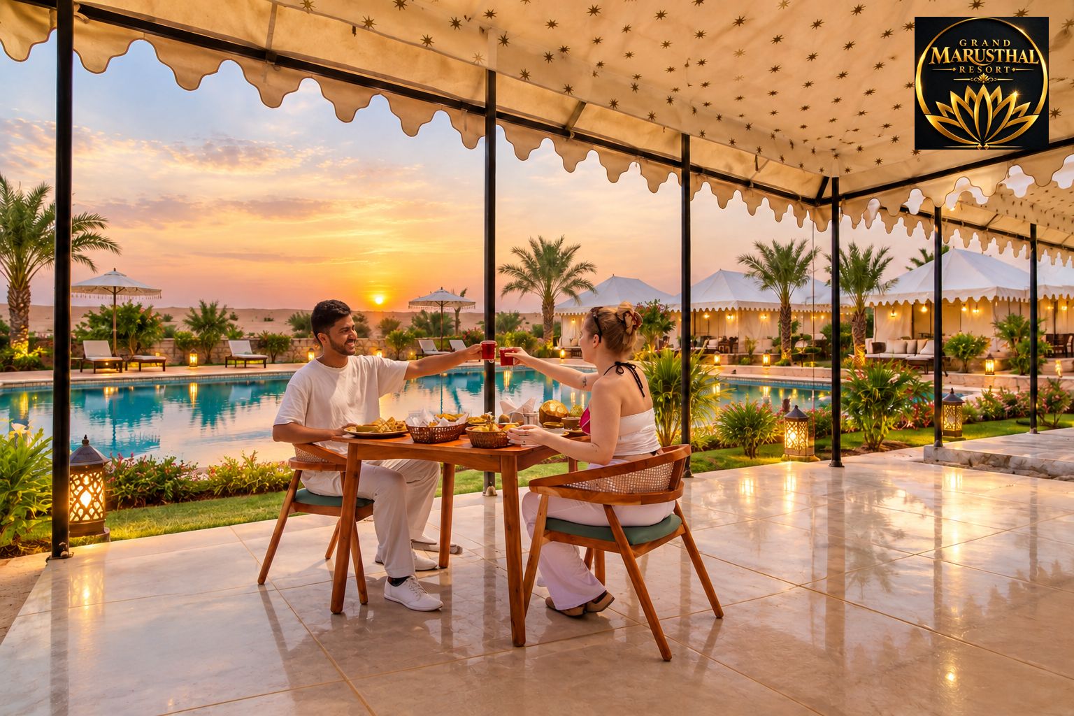 A couple dining at a table with a pool view, under a canopy with star patterns, at Grand Marusthal Resort.
