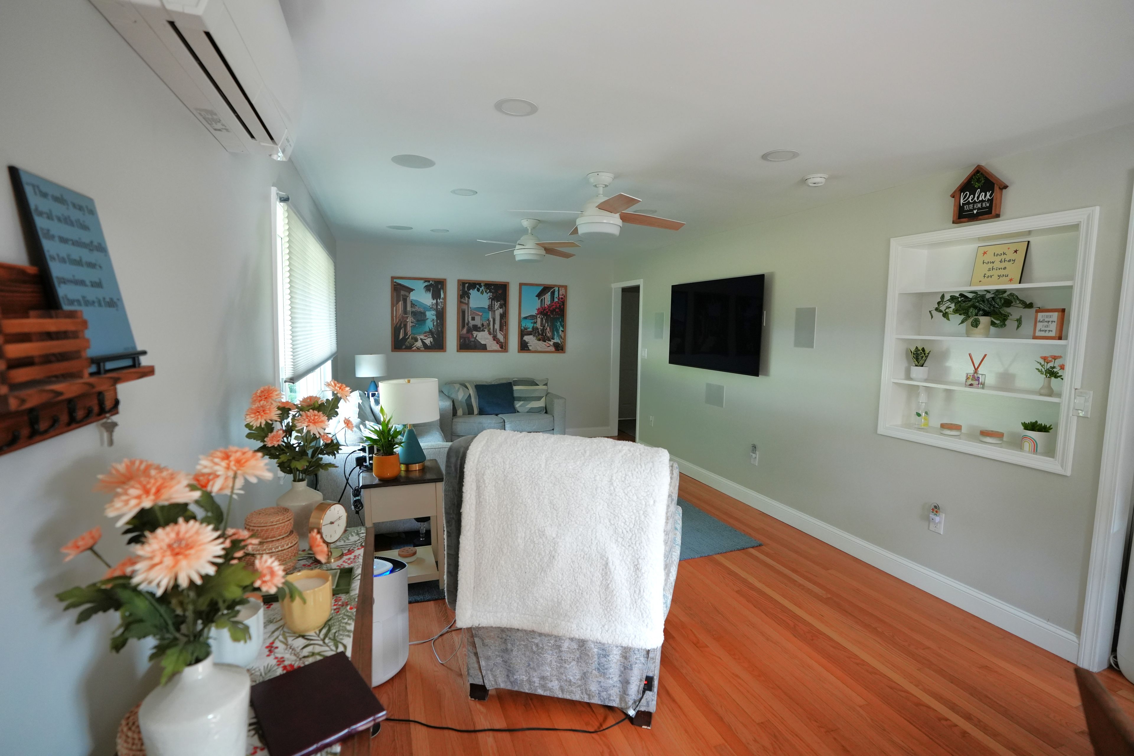 Una habitación con cama, escritorio con lámpara, televisor y estante con plantas.