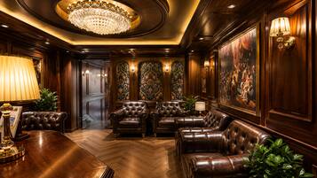 A luxurious room with a large wooden table, leather sofas, a chandelier, and ornate wall decorations.