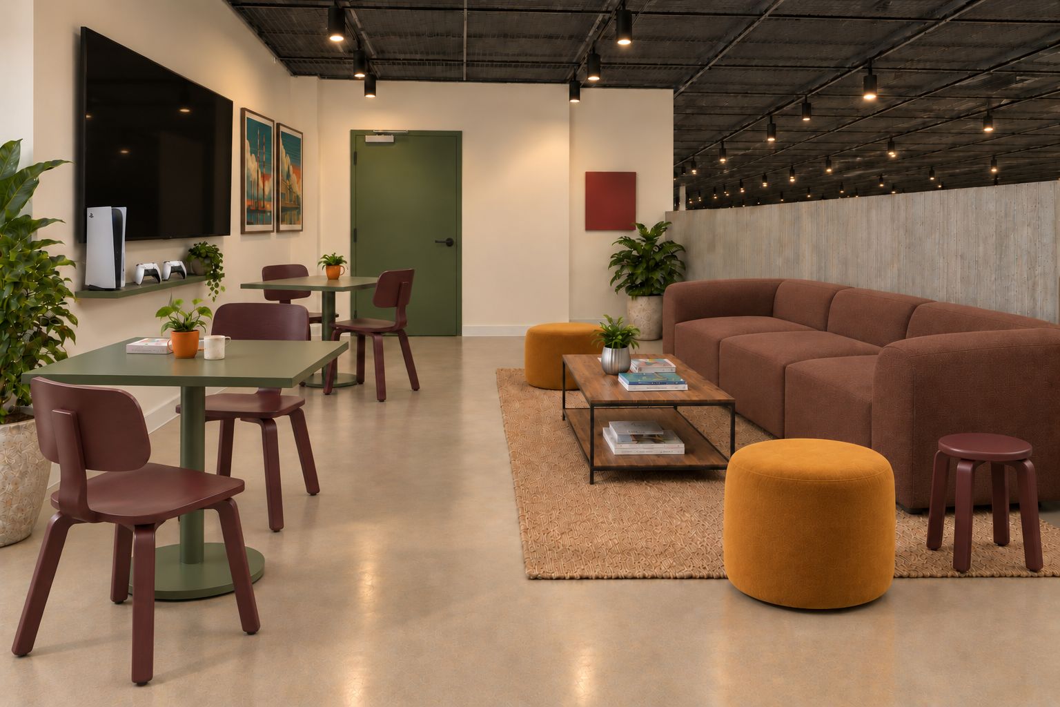 Una sala moderna con un sofá modular, una mesa de centro y un comedor con sillas y una mesa.