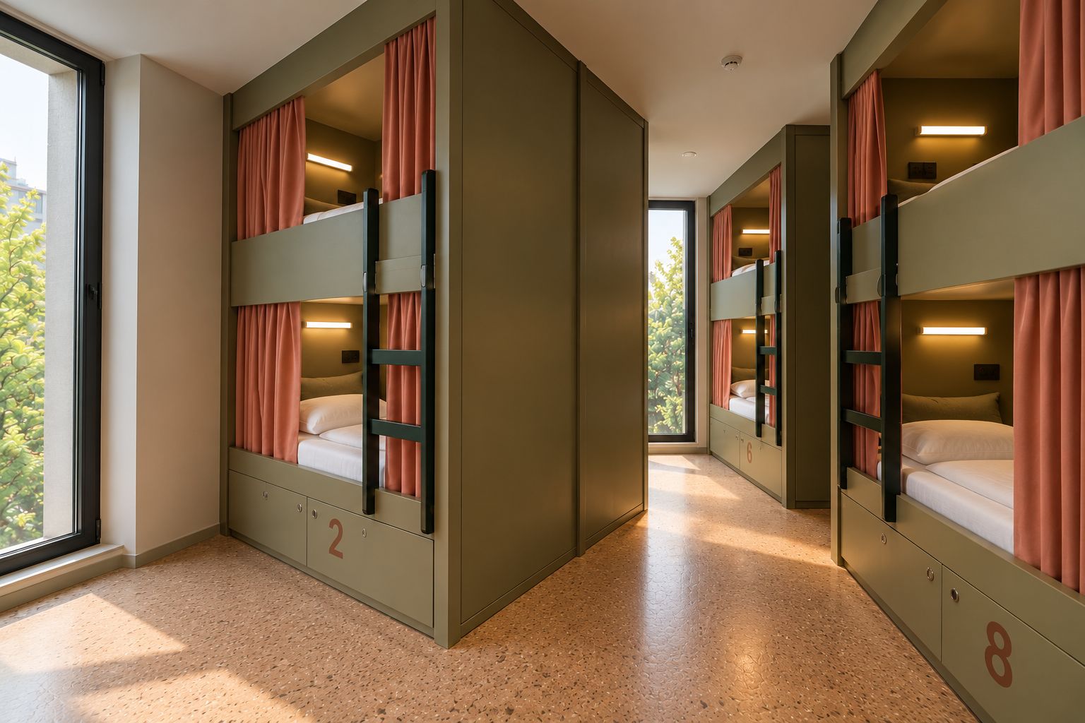 Habitación de hotel con literas, una ventana con cortinas y una puerta con un número.