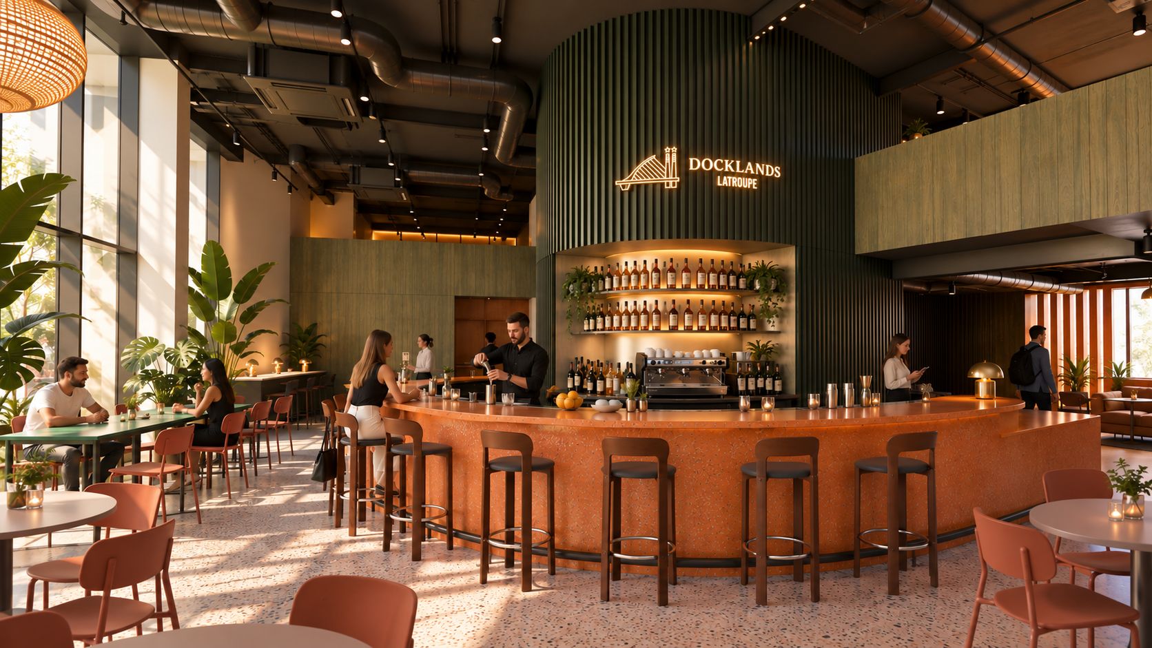 A bar area with a counter, seating, and a sign that reads 'DOCKLANDS LATROPE'.