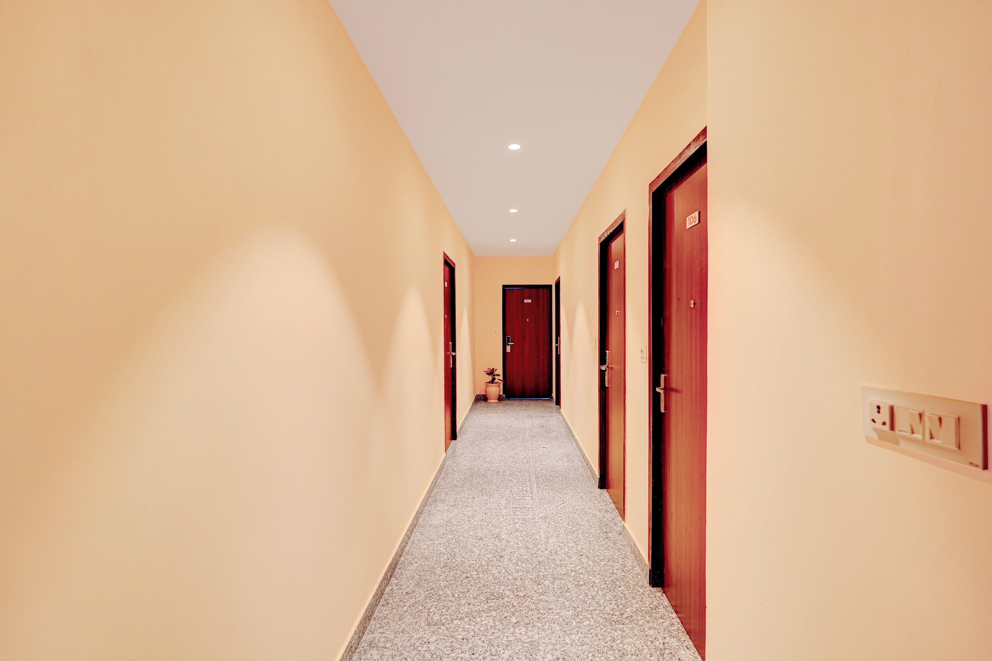 Un pasillo de hotel con suelo alfombrado, puertas de madera e interruptor de luz en la pared.
