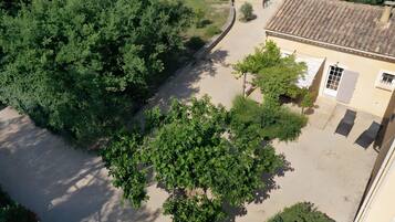 A building with a tiled roof, a paved driveway, and surrounding greenery.