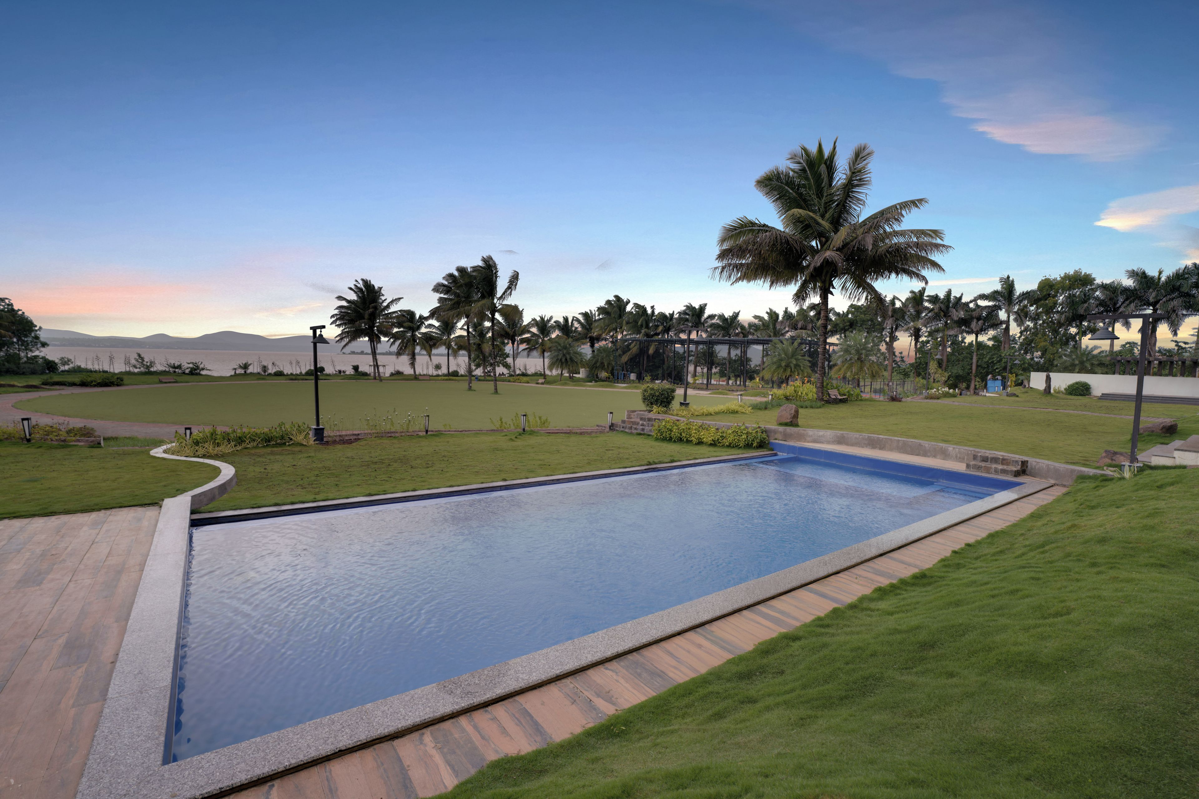 A swimming pool with a surrounding grassy area and palm trees.