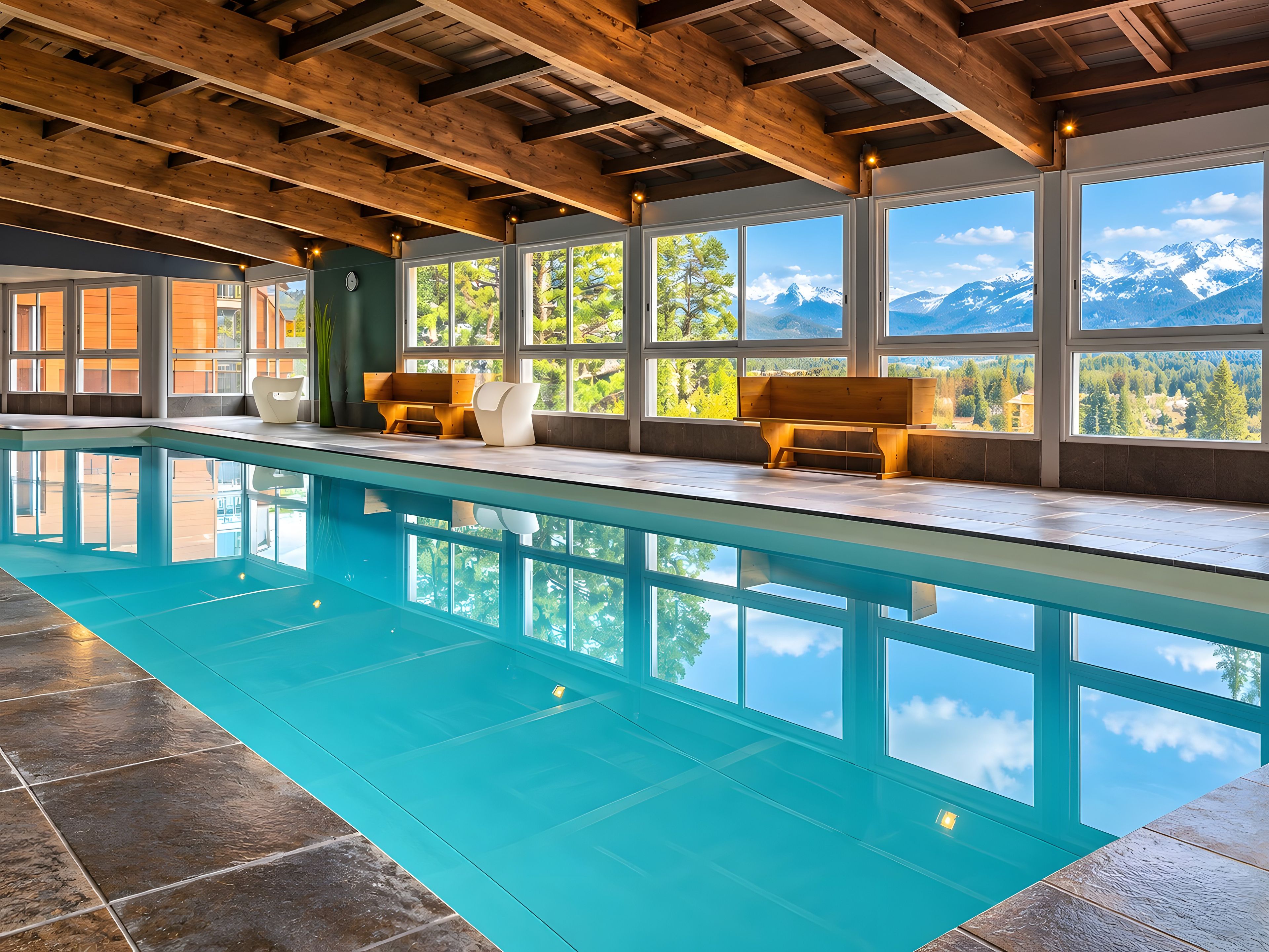 A swimming pool with wooden benches and large windows offering mountain views.