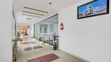 Pasillo de hotel con extintor, un cuadro de un barco y plantas en macetas.