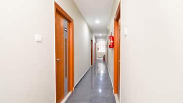A corridor with doors on both sides, a fire extinguisher mounted on the wall, and a potted plant in the distance.