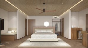 Un dormitorio moderno con una cama grande, un ventilador de techo, un armario y una mesita de noche.