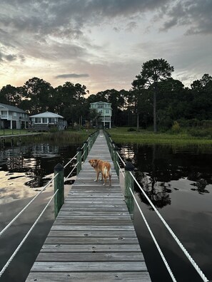 A wooden pier leading to a building surrounded by trees and a body of water. - Experience Florida’s Forgotten Coast from your own private waterfront retreat. (Carrabelle)