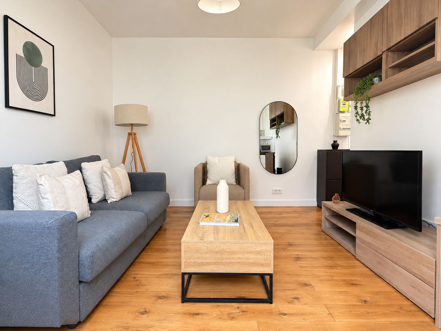 A modern living room with a grey sofa, a wooden coffee table, a flat-screen TV, and a mirror on the wall.