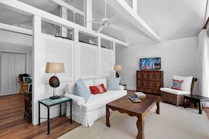 A modern living room with a white sofa, a wooden coffee table, and a television on a wooden cabinet. - Jasmine Manor 18+ Adult Only king retreats in a garden paradise (Key West)