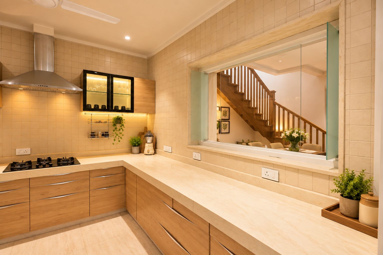 Una cocina moderna con estufa a gas, armarios de madera y vista a una escalera de madera.