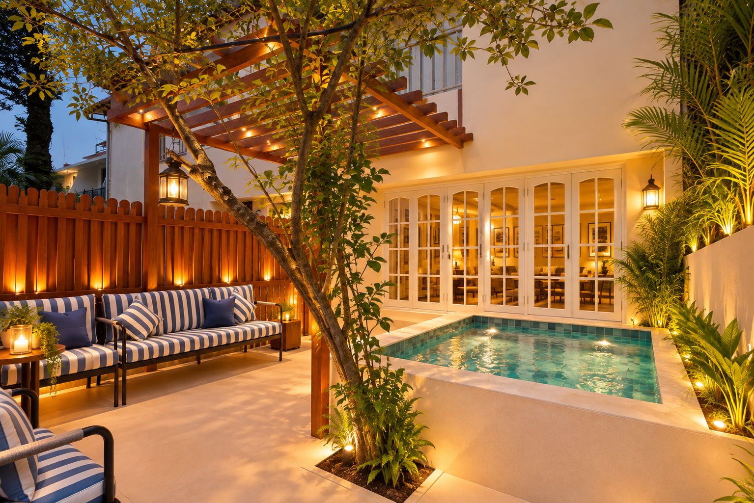 Un área de piscina con cubierta de madera, un sofá y una pérgola con luces.