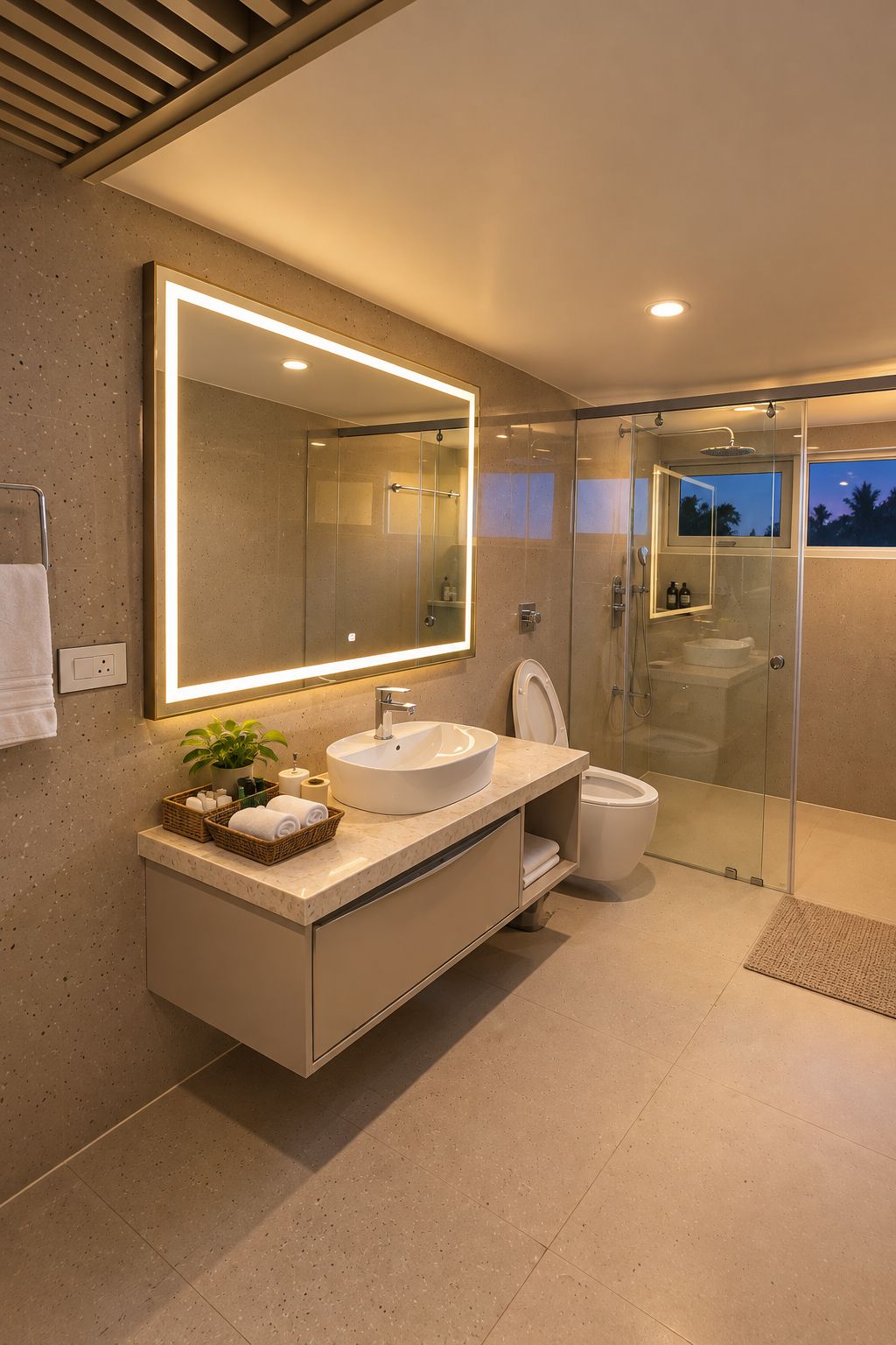 A modern bathroom with a large mirror, a sink, a toilet, and a shower.