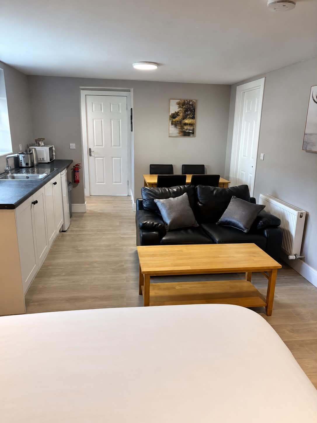 A compact living space with a kitchenette, a dining area, and a seating area with a sofa and coffee table.
