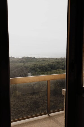 Une vue depuis un balcon doté d’une balustrade, donnant sur un paysage vallonné avec un plan d’eau.